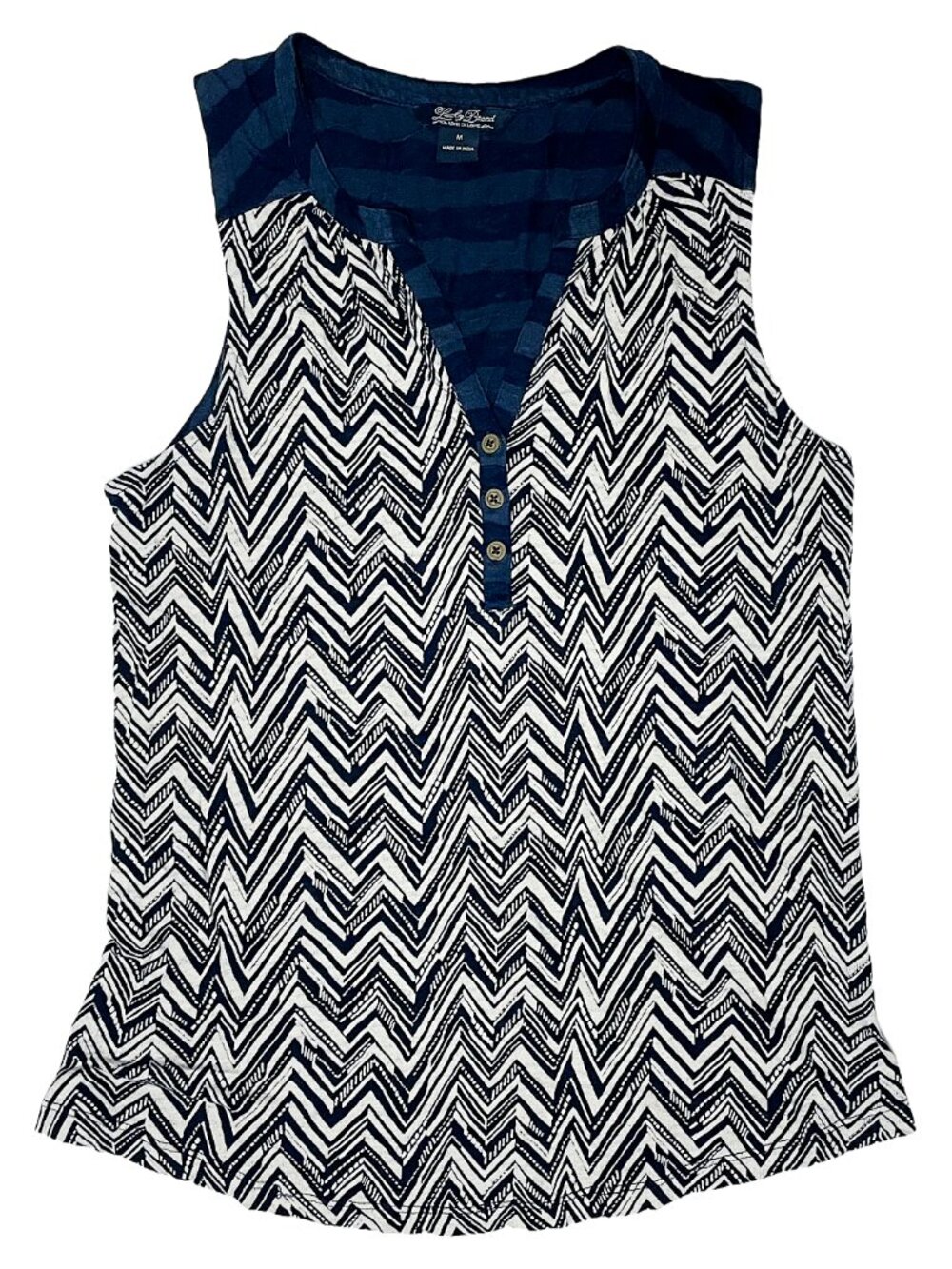 Chevron Henley Tank Top Blue Cream Sleeveless Mixed Print Boho Lucky Brand